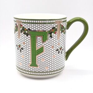 Anthropologie‎ Monogram F Christmas Wreath Mug Green Handle Holiday Festive